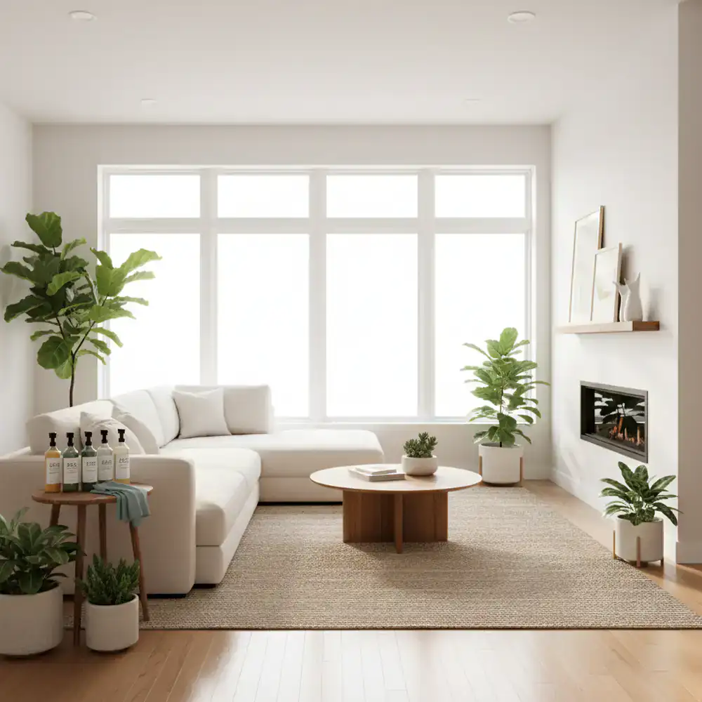 Spotless modern living room cleaned with eco-friendly products