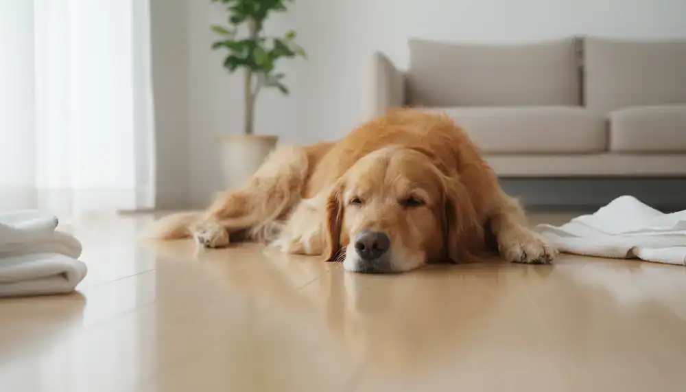 A dog resting comfortably on a freshly cleaned floor