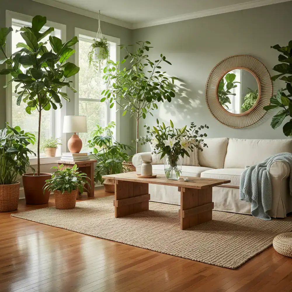 A brightly lit, freshly cleaned living room emphasizing a natural environment