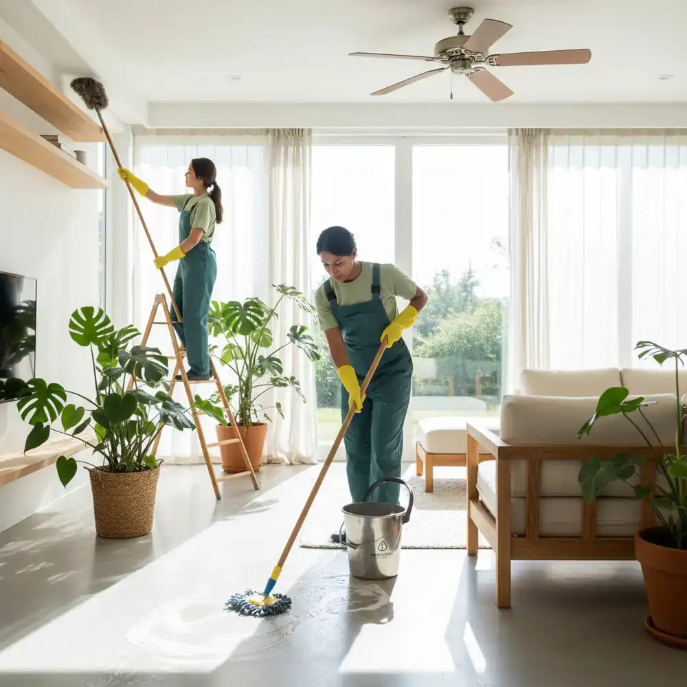 Eco-friendly floor mopping and high dusting in a residential living space