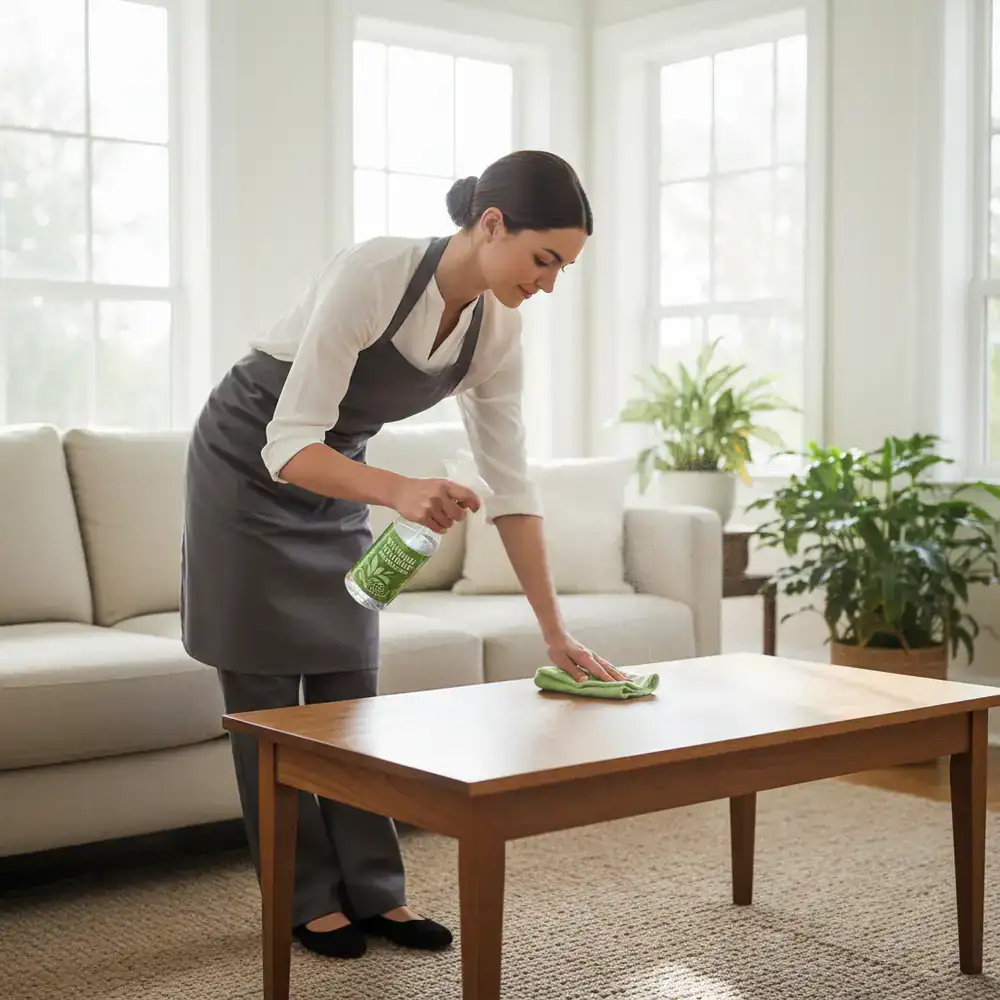Housekeeper wiping a living room table with a natural spray